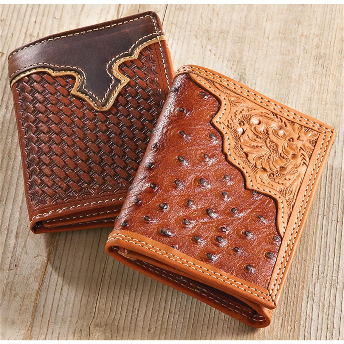 2 Hand - tooled Leather Wallets, 1 Ostrich - look / 1 Brown Weave - 184655, Wallets at Sportsman ...