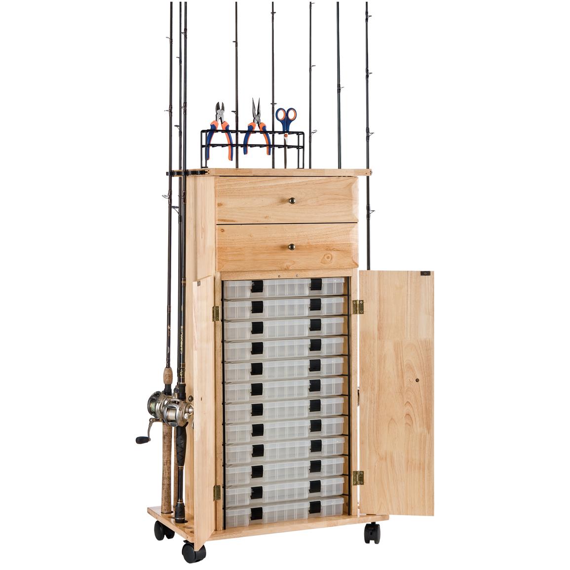 Organized Fishing 18 - Rod Narrow Floor Cabinet with 4 Tackle Drawers