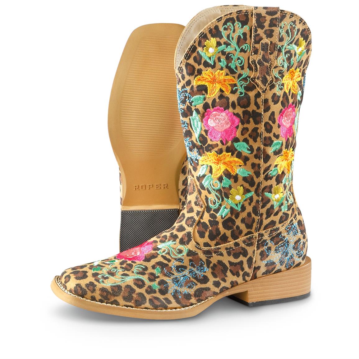 Women's Roper Floral Suede Cowboy Boots, Leopard / Floral