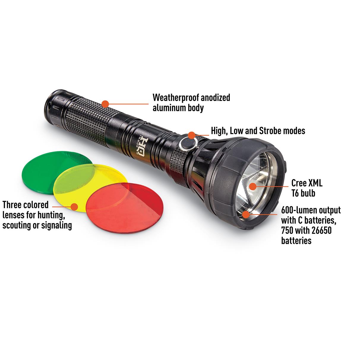 HQ ISSUE Flashlight, 750 Lumens, 3 Colored Lenses - 654237, Flashlights ...