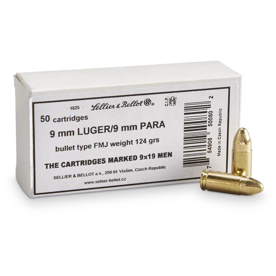 Sellier & Bellot, 9mm, FMJ, 124 Grain, 1,000 Rounds - 663348, 9mm Ammo ...