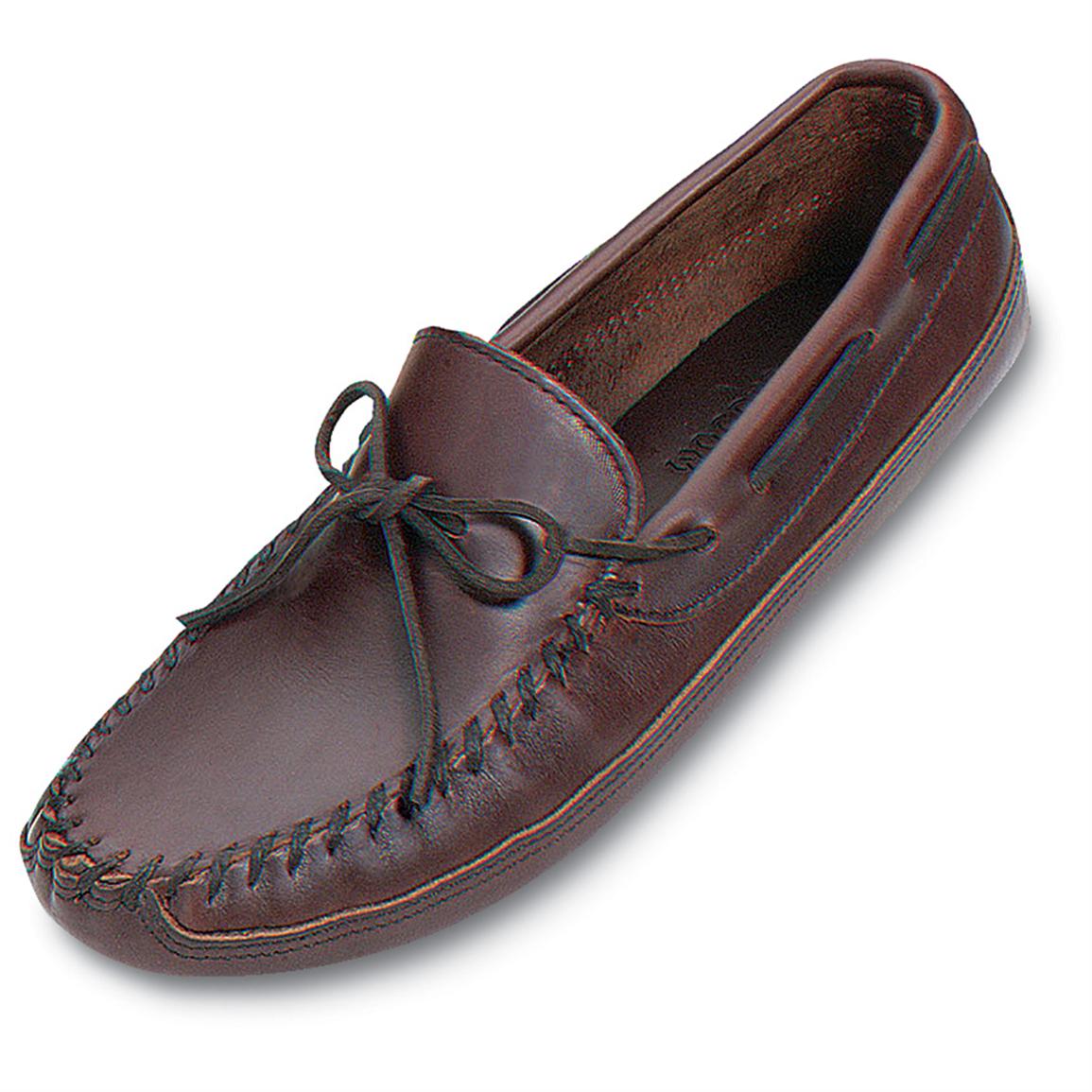 Men's Minnetonka Moccasins Lariat Leather Double Bottom Softsole Moc, Dark Brown - 95313 