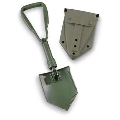 German Military Surplus Steel Tri-Fold Shovel with Vinyl Cover, Used