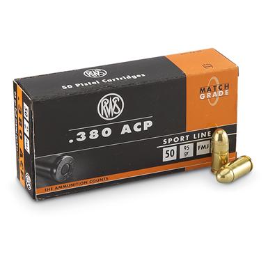 RWS, .380 ACP, FMJ, 95 Grain, Ammo, 50 Rounds - 180643, .380 ACP Ammo ...