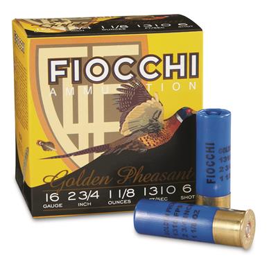 Fiocchi Golden Pheasant, 16 Gauge, 2 3/4" Shells, 1 1/8 oz., Nickel Plated, 25 Rounds