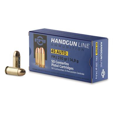 PPU Handgun Line, .45 ACP, FMJ, 230 Grain, 50 Rounds