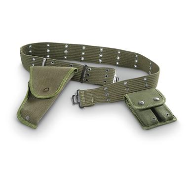 Belgian Military Surplus 50s-era Pistol Belt with Holster and Pouch, Used