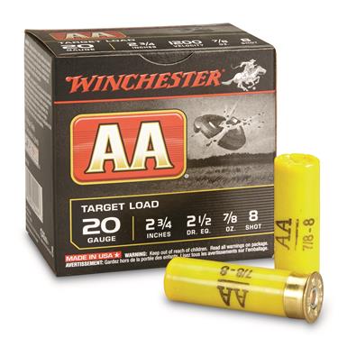 Winchester, #8 AA Shotshells, 20 Gauge, 2 3/4"Shell, 7/8 oz., 25 Rounds