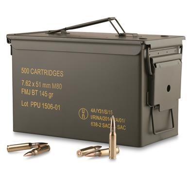 PPU, .308 (7.62x51mm), FMJBT, 145 Grain, 500 Rounds with Can