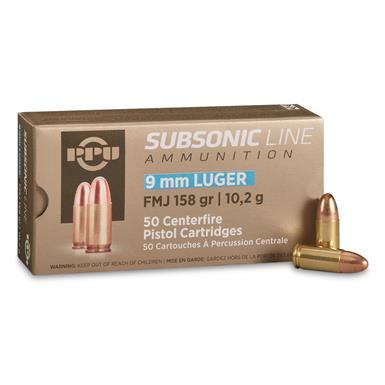 PPU Subsonic Line, 9mm, FMJ, 158 grain, 50 Rounds