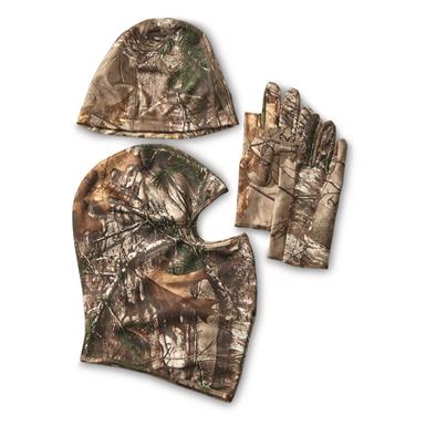Stretch Polyester Camo Hunting Facemask, Gloves and Beanie, 3 Piece Set, Realtree Extra