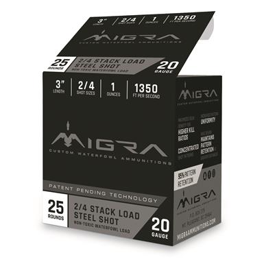 Migra Stack Load Steel Shot, 20 Gauge, 3", #2/#4, 1 oz., 25 Rounds