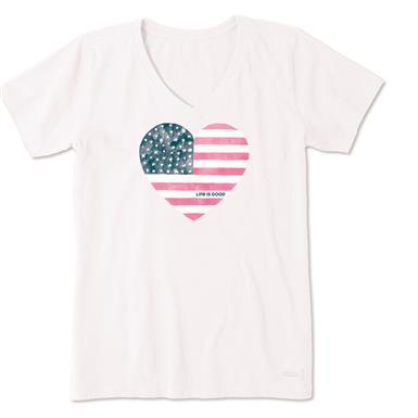 Life is Good Women's Watercolor Flag Heart Crusher V-Neck T-shirt
