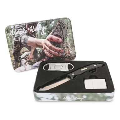 Uncle Henry Fixed Blade Knife with Cigar Cutter and Lighter in Gift Tin
