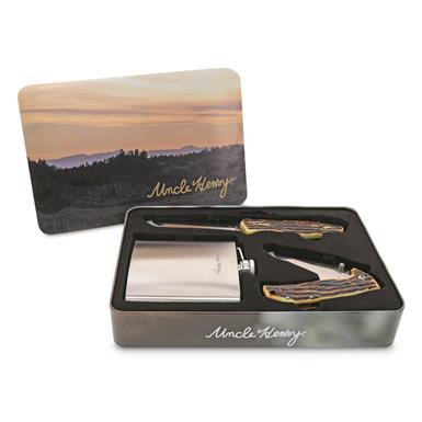 Uncle Henry Limited Edition Staglon Knives with Flask in Gift Tin