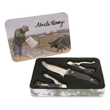 Uncle Henry Fixed Blade Knife with 2 Folding Knives in Gift Tin