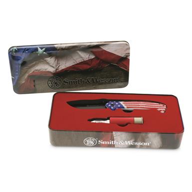 Smith & Wesson American Flag and Shotshell Knife with Gift Tin