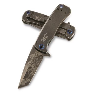 Deer Buck Spring Assisted Pocket Knife Flipper Gold Ti Liners Black Blade  EDC