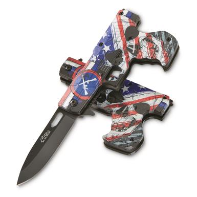 SZCO 4.5" Old Glory Flag and Skull Gun Folding Knife