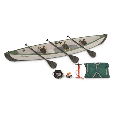 Sea Eagle TC16 Inflatable Travel Canoe with Wood/Web Seats For 3 & Electric Pump Package