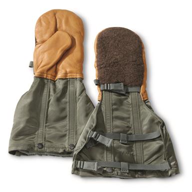 U.S. Military Surplus Fur Backed Nylon Leather Flyers Mitts with Wool Liners, New