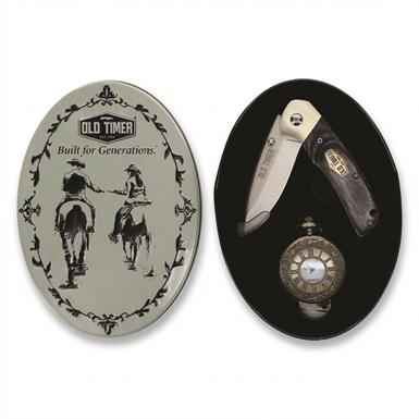 Old Timer Folding Knife and Pocket Watch Gift Tin Set