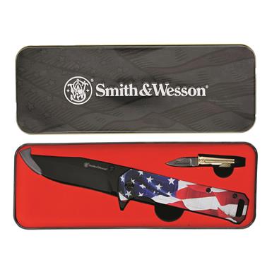 Smith & Wesson America's Heroes Folder Pocket Knife Combo with Bullet Knife in Gift Tin