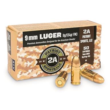 Patriot Sports, 9mm Luger, FMJ, 124 Grain, 50 Rounds