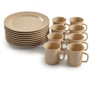 German Municipal Surplus Bamboo Plate and Cup Set, 16 Piece Set, New
