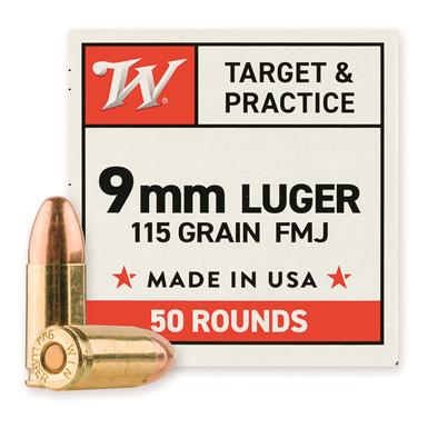 Winchester Target and Practice Ammunition, 9mm Luger, FMJ, 115 Grain, 50 Rounds