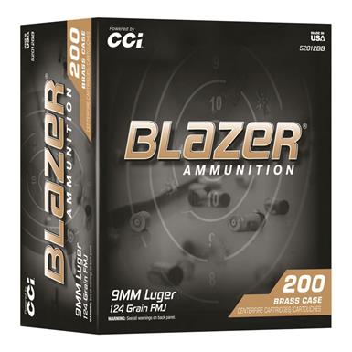 CCI Blazer Brass Handgun Ammo, 9mm Luger, Full Metal Jacket, 124 Grain, 200 Rounds