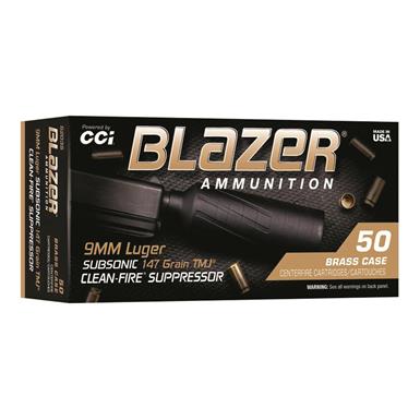 CCI Blazer Brass Clean-Fire Suppressor Handgun Ammo, 9mm Luger, Total Metal Jacket Flat Nose, 147 Grain, 50 Rounds