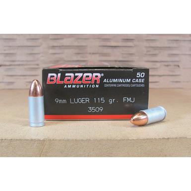 CCI Blazer Aluminum Handgun Ammo, 9mm Luger, FMJ, 115 Grain, 50 Rounds