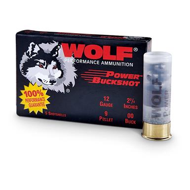 Wolf Power Buckshot, 12 Gauge, 2 3/4", 00 Buckshot, 9 Pellets, 100 Rounds