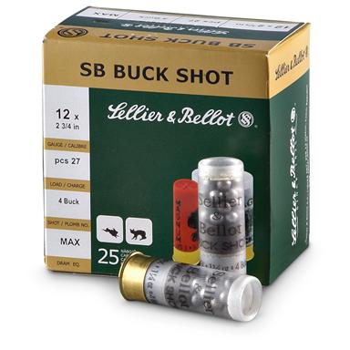 Sellier & Bellot Buckshot, 12 Gauge, 2 3/4", #4, 27 Pellets, 25 Rounds