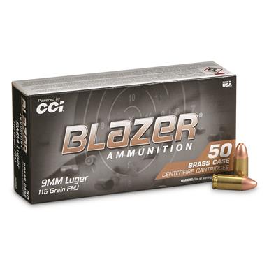 CCI Blazer Brass, 9mm, FMJ-RN, 115 Grain, 50 Rounds