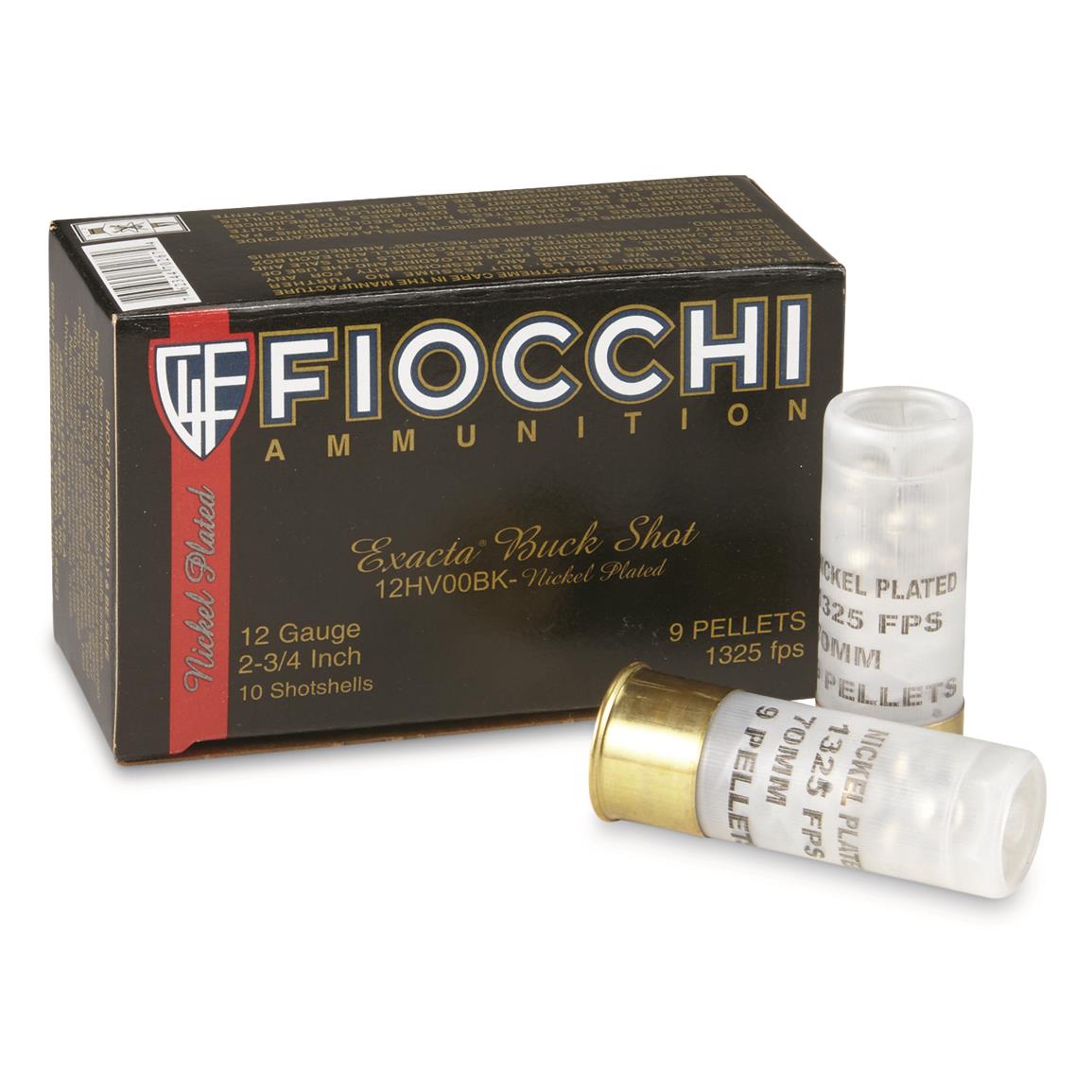 Fiocchi, Nickel-plated, 12 Gauge, 2 3/4" 9-pellet, No. 00 Buck Shot, 10 Rounds