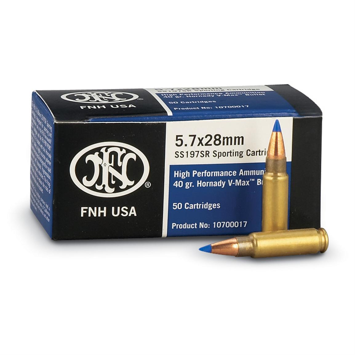 FNH USA, 5.7x28mm, V-Max, 40 Grain, 50 Rounds - 112320, 5.7x28mm Ammo ...