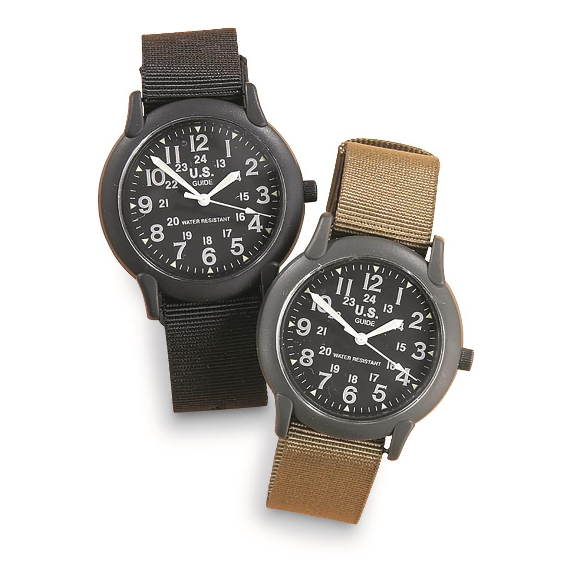 2 Military-style Army Watches, 1 Black and 1 Olive Drab