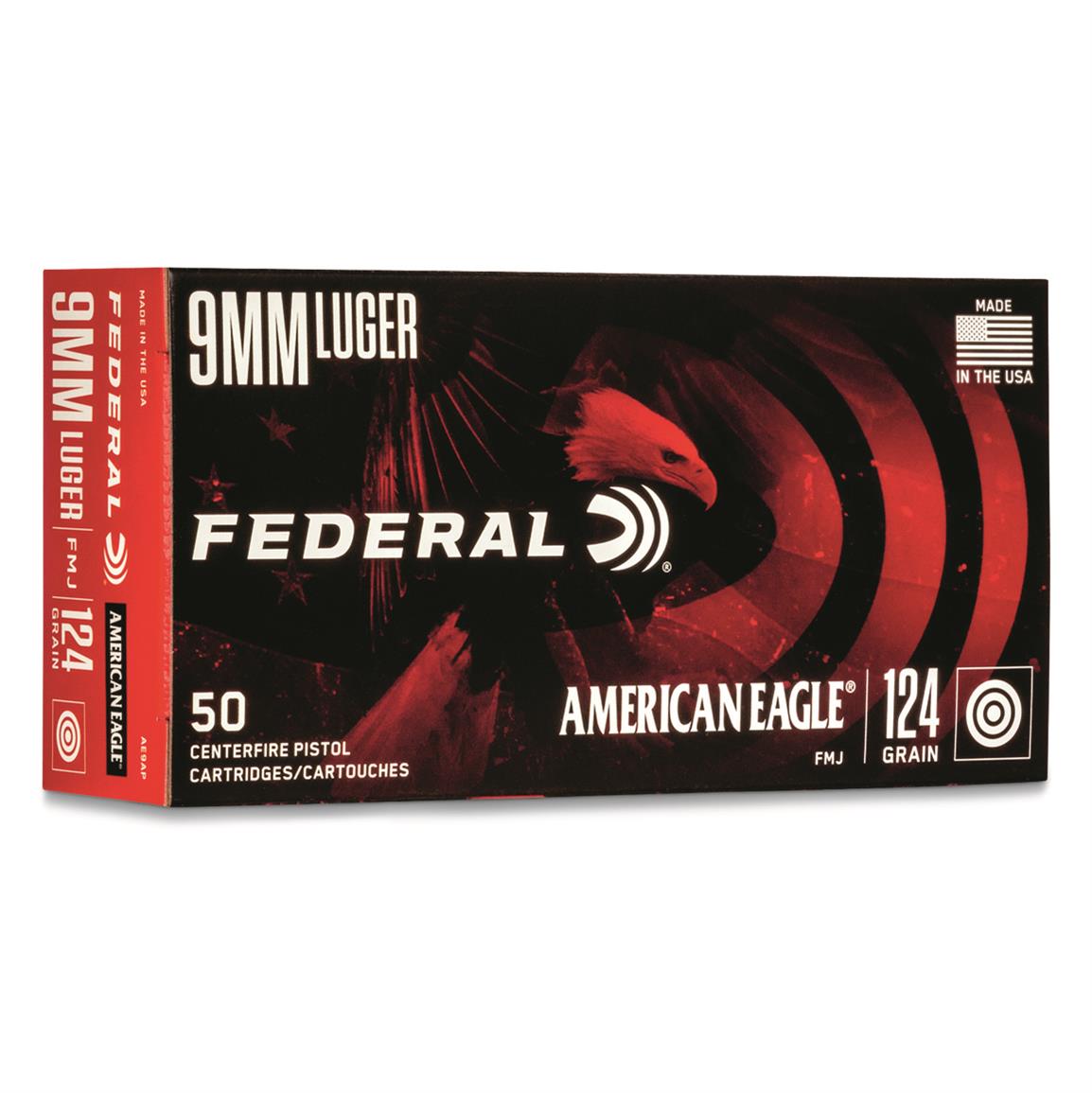 Federal American Eagle, 9mm, FMJ, 124 Grain, 50 Rounds
