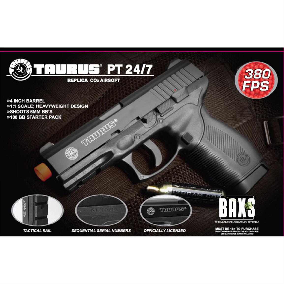 Firepower® Taurus 24 / 7 CO2 with fixed slide Black semi Auto Airsoft Pistol 131005, Airsoft