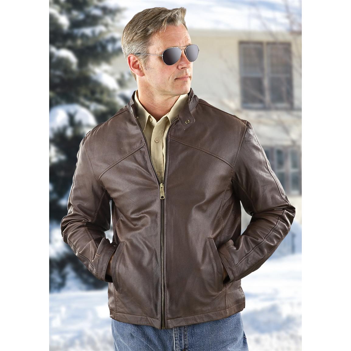 Excelled® Goat Leather Scooter Jacket, Brown - 140830, Fleece & Soft ...