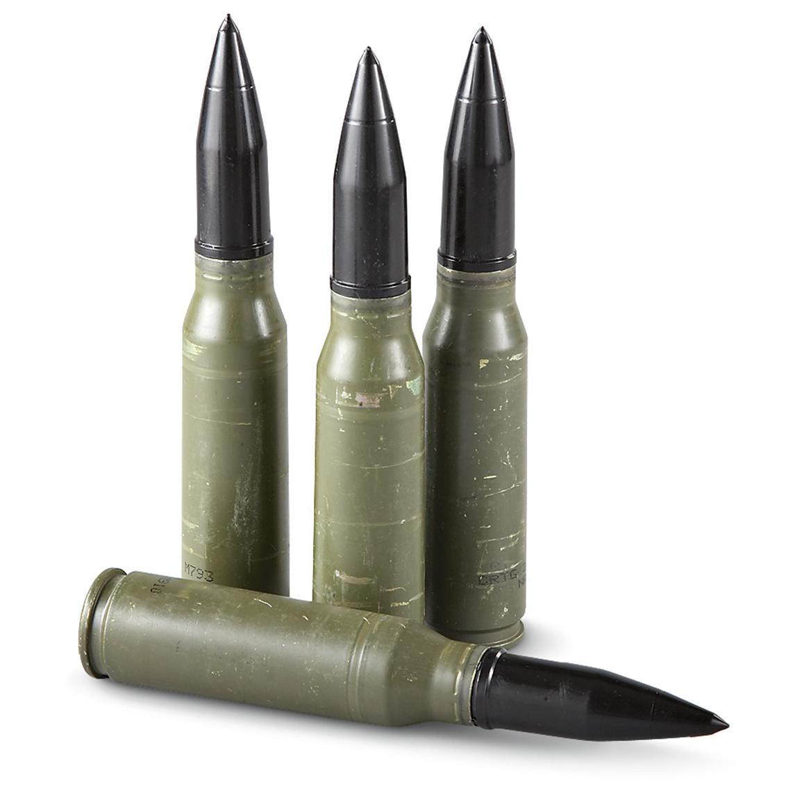 4 Used U.S. Military Surplus 25mm Dummy Rounds