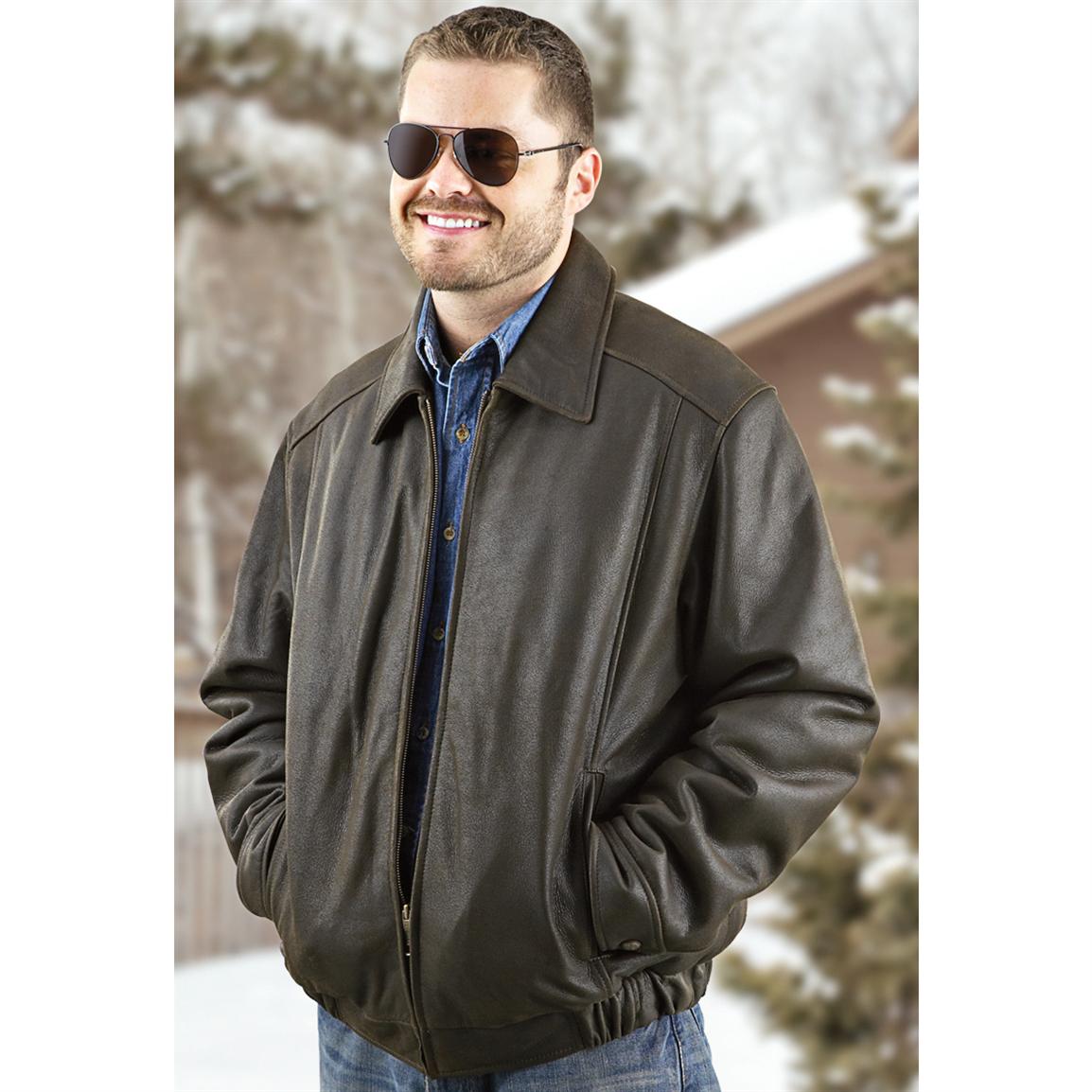 Columbia™ Leather Bomber Jacket, Brown - 148399, Insulated Jackets ...