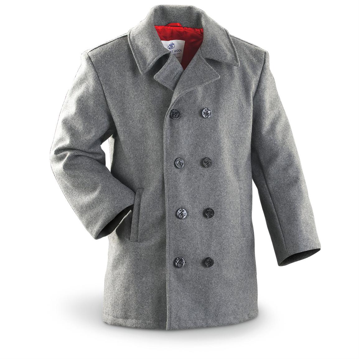 Military - style Wool - blend Pea Coat, Gray - 149487, Military