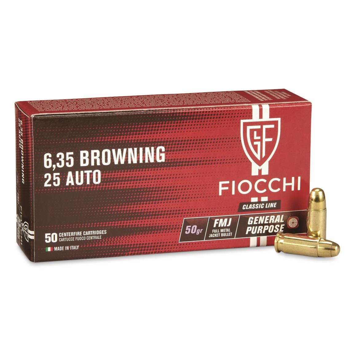 Fiocchi, .25 ACP, FMJ, 50 Grain, 50 Rounds