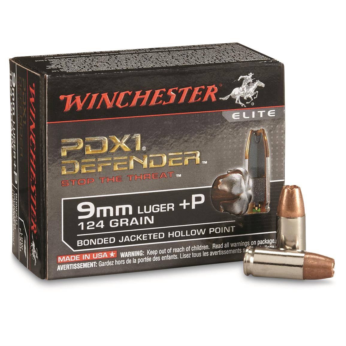 Winchester Defender, 9mm Luger+P, Bonded Jacketed Hollow Point, 124 Grain, 20 Rounds