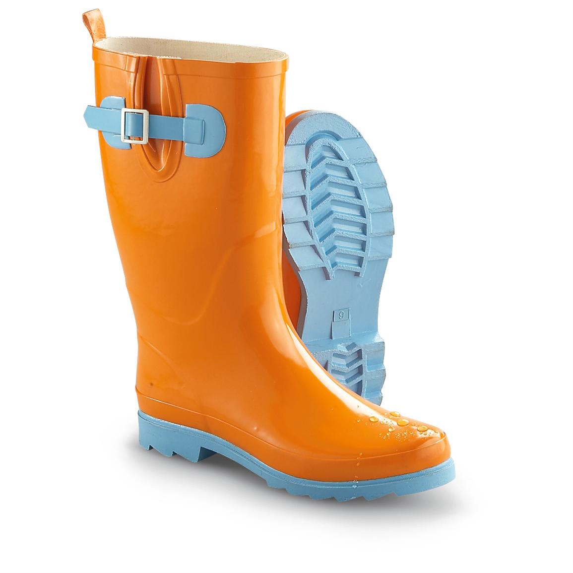 Women's Rubber Rain Boots, Orange / Blue - 178842, Rubber & Rain ...