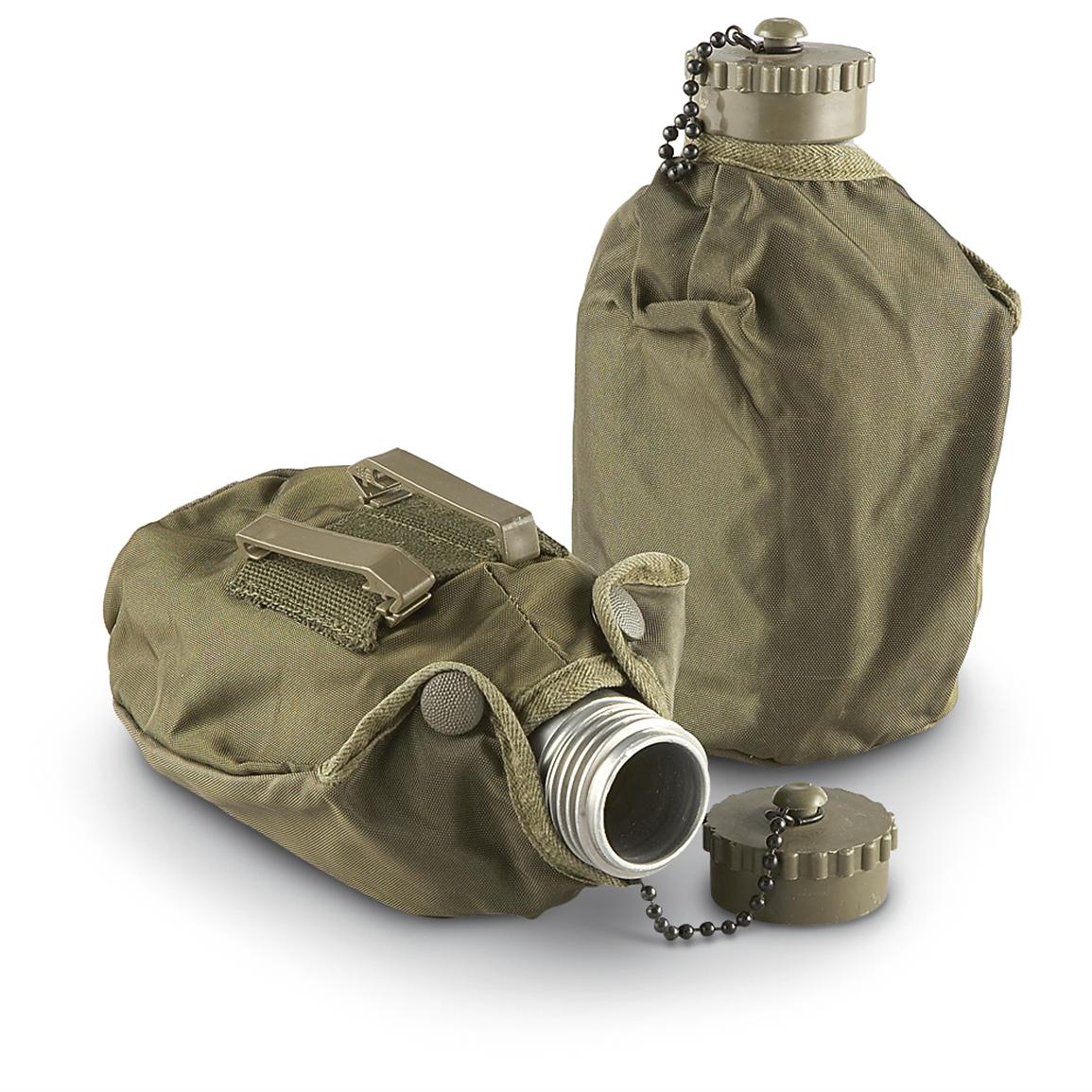 2 Used Austrian Military Canteens with Covers, Olive Drab 182489