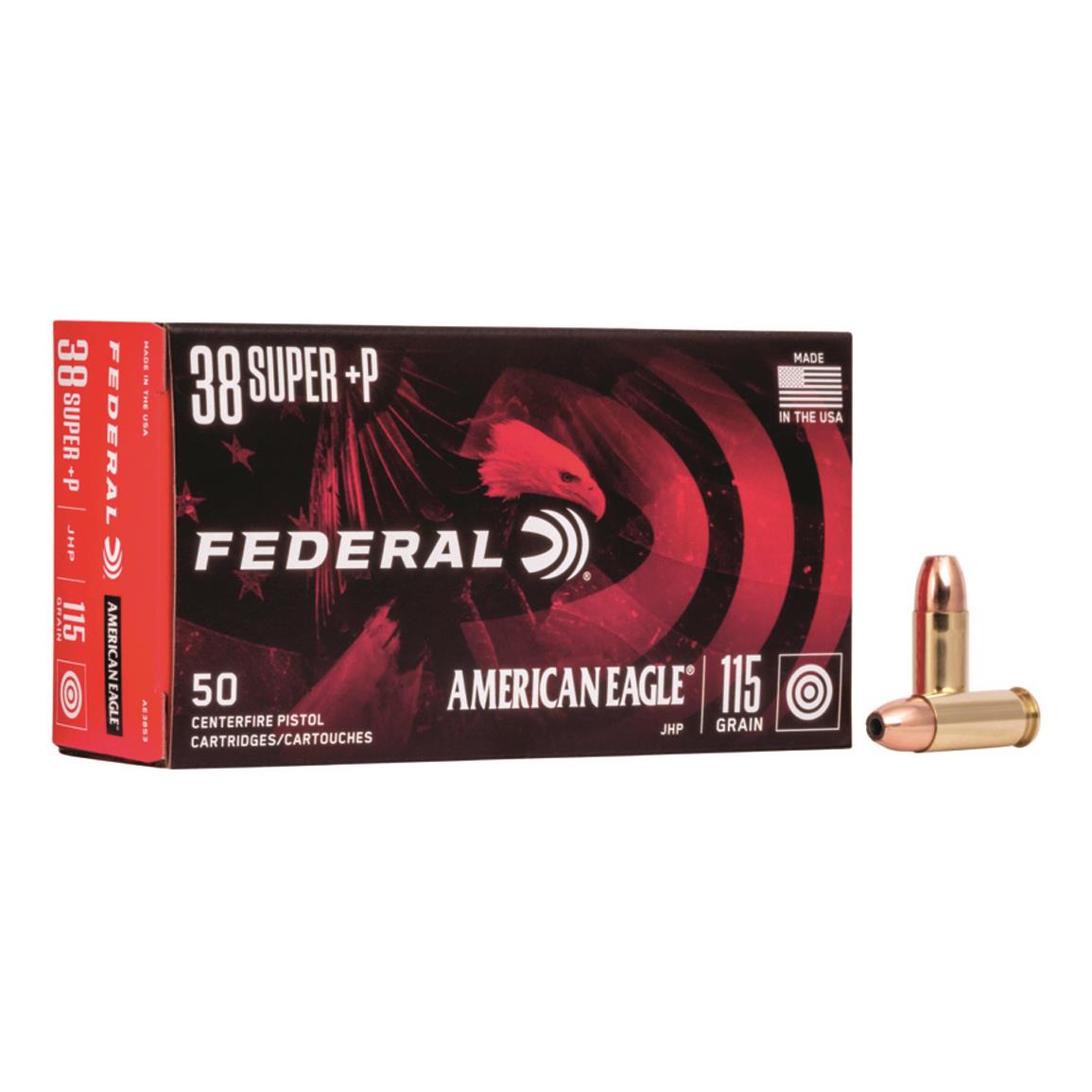 Federal American Eagle Pistol, .38 Super +P, JHP, 115 Grain, 50 Rounds